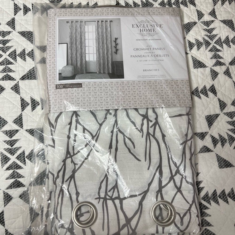 Gray and White Branches Grommet Curtain Panels